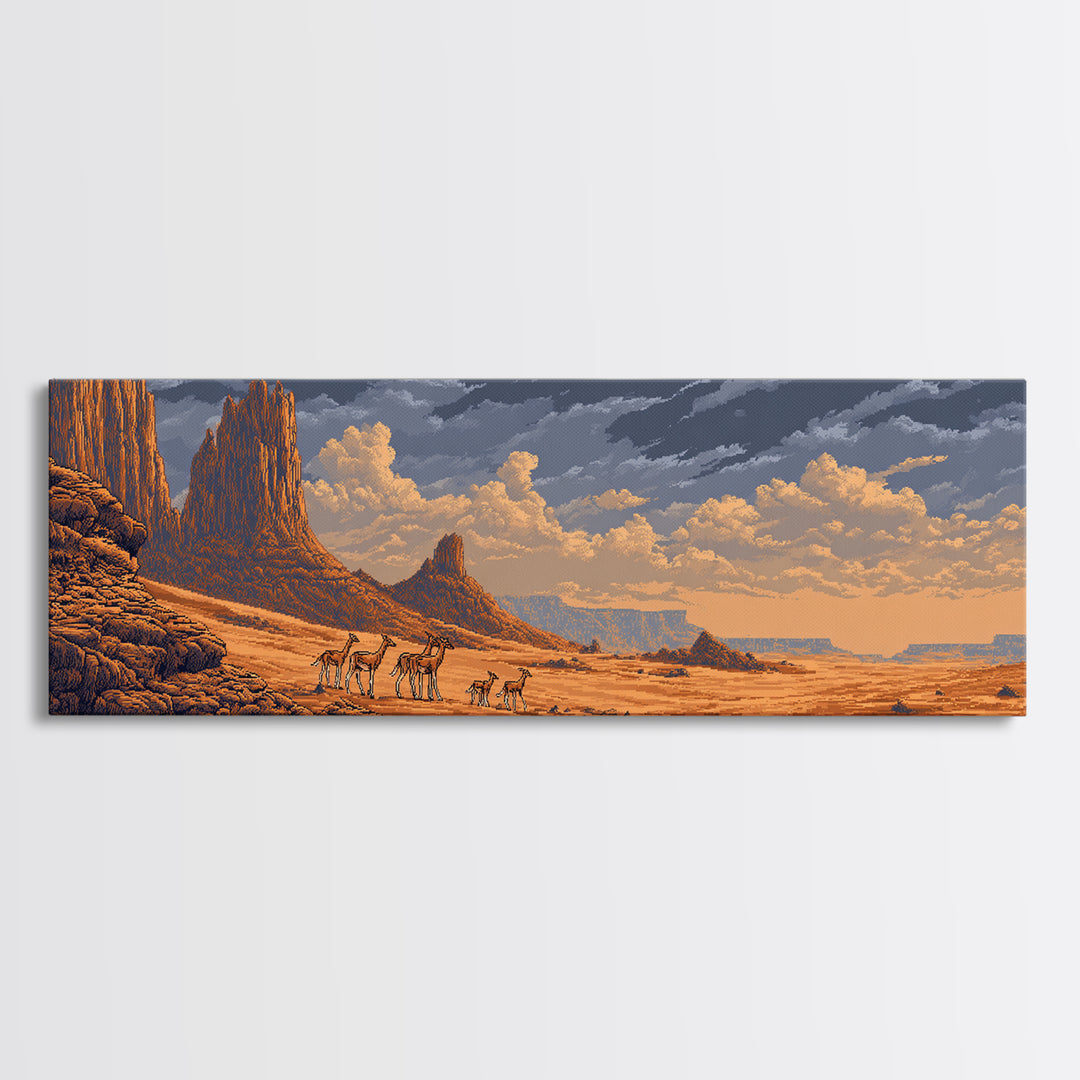 Golden Desert Safari With Antelope Herds And Mesas Wall Art, African Landscape Decor, Serengeti Inspired Canvas Print Gift