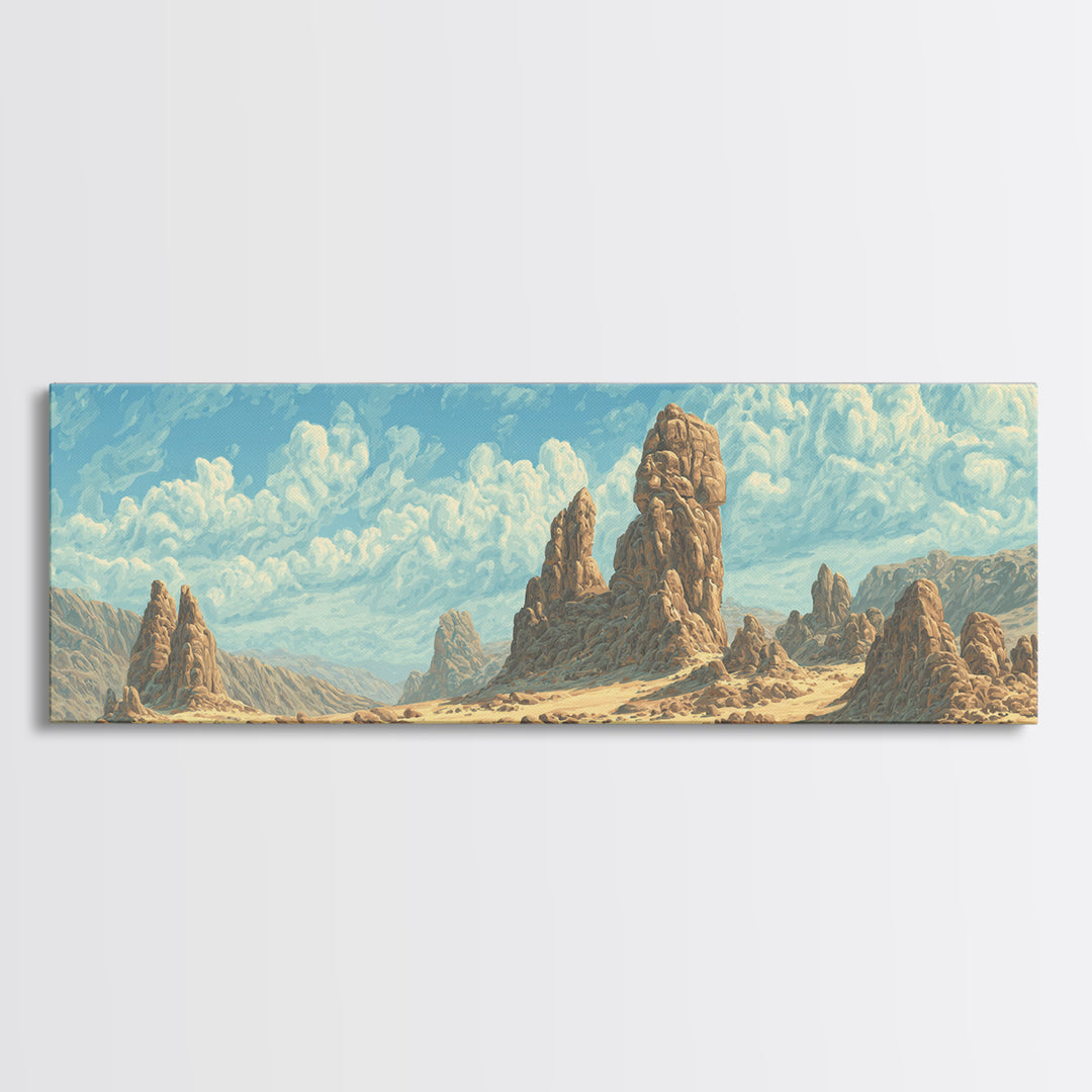 Sunlit Desert Rock Spires And Turquoise Sky Canvas Print, African Landscape Wall Decor, Dreamy Nature Scene Art For Home
