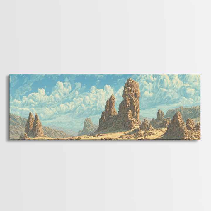 Sunlit Desert Rock Spires And Turquoise Sky Canvas Print, African Landscape Wall Decor, Dreamy Nature Scene Art For Home