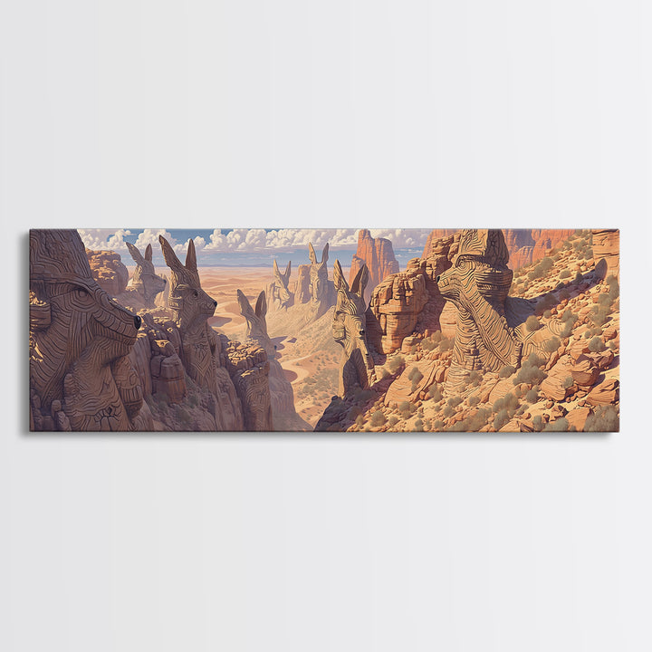 Carved Canyon Faces And Monument Valley Cliffs Wall Art, African Inspired Tribal Landscape Decor, Fantasy Canvas Print Gift