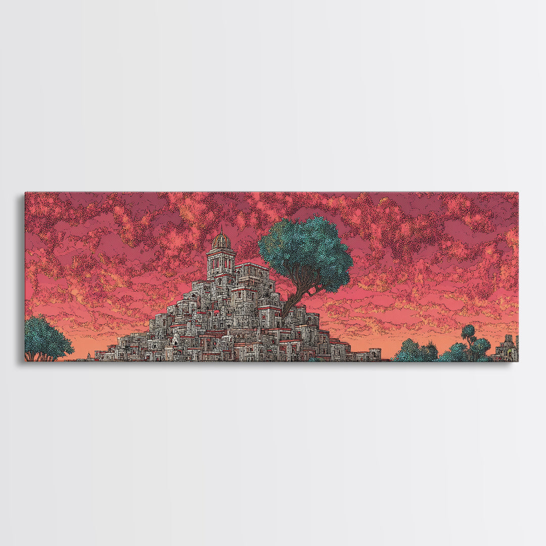 Ancient Stepped City Under Coral Sky Canvas Print, African Inspired Architecture Wall Decor, Mystical Travel Art For Home