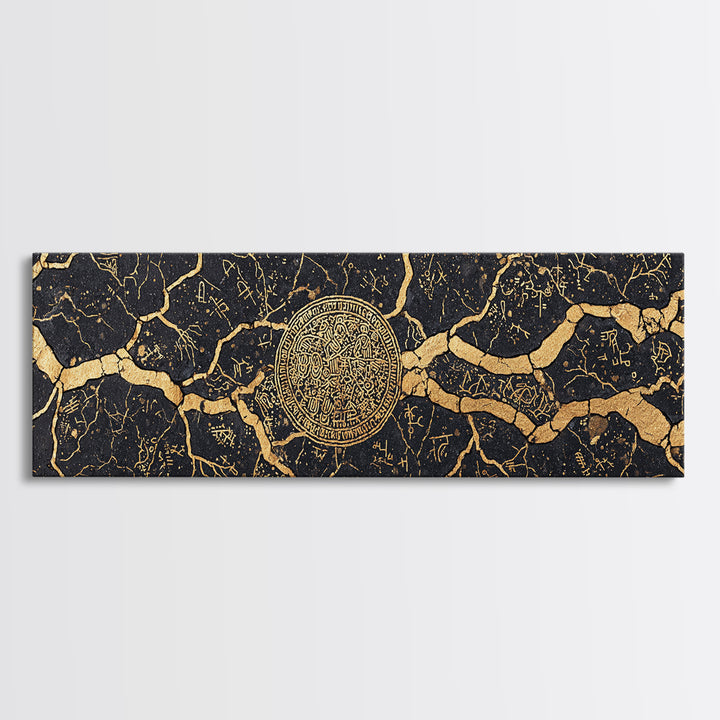 Black Gold Cracked Marble Medallion Wall Art, Luxury Abstract Wall Art, Modern Canvas Art, Elegant Home Decor Gift, Statement Wall Decor