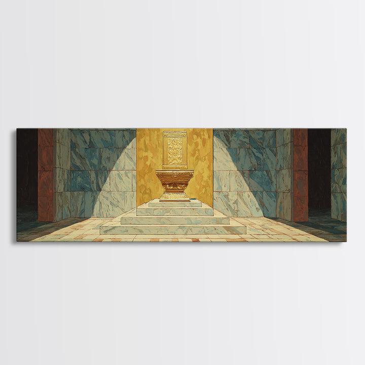 Turquoise Sunlit Temple Pedestal Canvas Print, Geometric Wall Art, Cultural Art Print, Modern Home Decor Gift, Unique Canvas Art