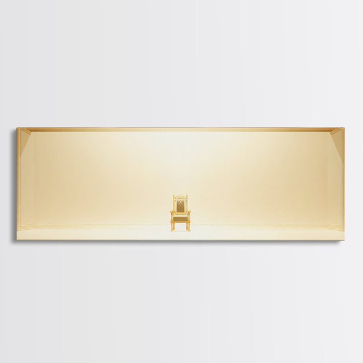 Minimal Golden Throne In Luminous Hall Framed Canvas Print, Minimalist Wall Art, Luxury Art, Elegant Home Decor Gift, Ready To Hang Art