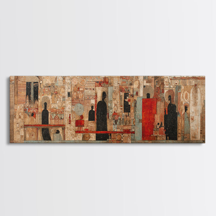 Ancient Textured Mural With Silhouetted Figures Wall Art, Cultural Wall Art, Ethnic Art Print, Abstract African Art Decor