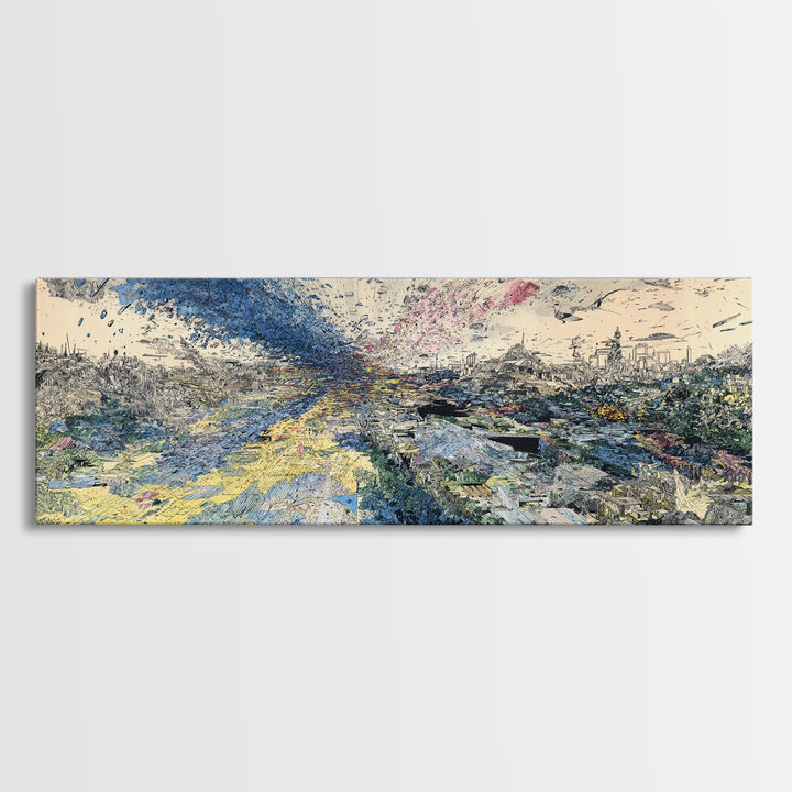 Stormy African Landscape Canvas Print, Abstract Aerial City View, Blue Yellow Modern Wall Decor, Panoramic Statement Art
