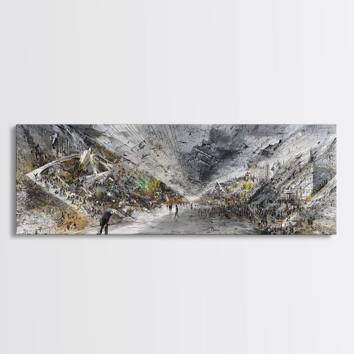 Monochrome African Modern Hall Canvas Print, Grand Interior Crowd Scene, Abstract Architecture Wall Art, Large Office Decor