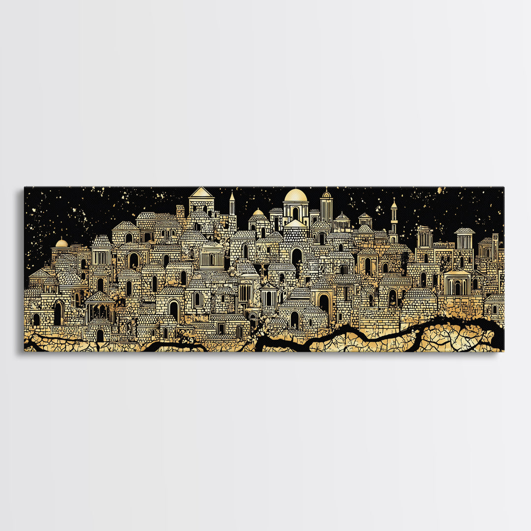 Gold African Night City Wall Art, Starry Palace Skyline, Black And Gold Cultural Decor, Panoramic Canvas Print Gift For Home