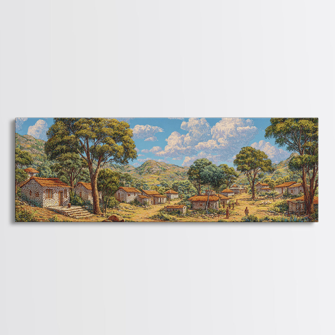 Sunlit African Countryside Landscape Wall Art, Village Nature Scene, Safari Decor, Earth Tone Panoramic Living Room Print