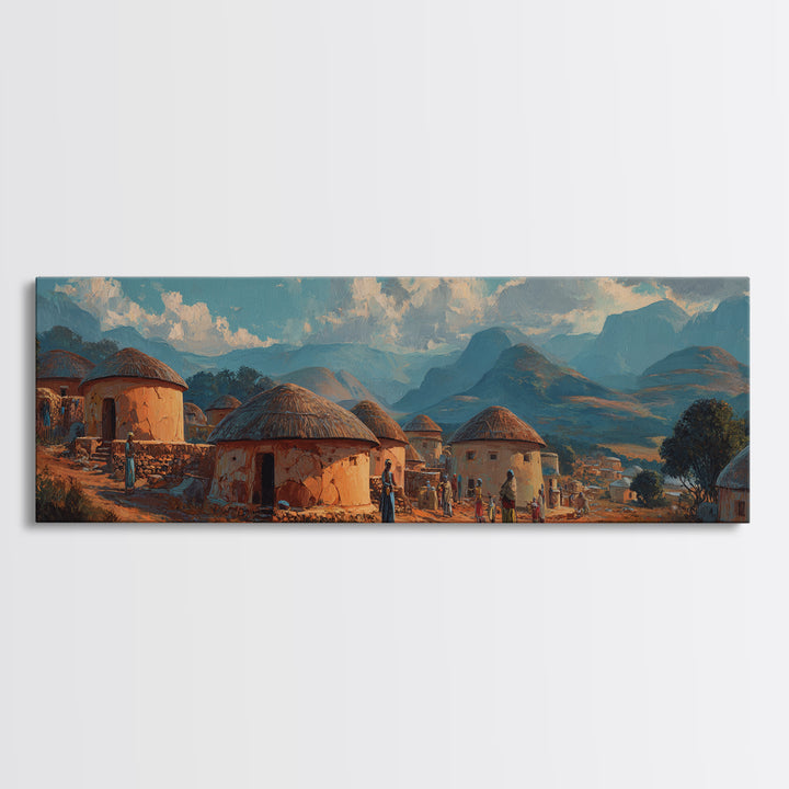 Traditional Round Hut Village Canvas Print, African Landscape Wall Art, Cultural Home Decor, Mountain Sunset Room Accent