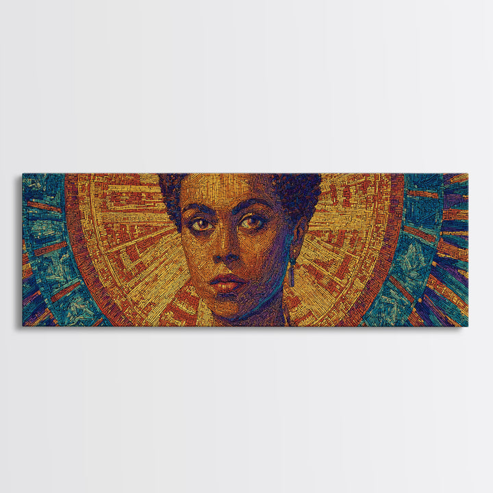 Regal Black Woman With Golden Halo Framed Canvas Print, Afrocentric Wall Art, African Queen Portrait, Melanin Decor Gift