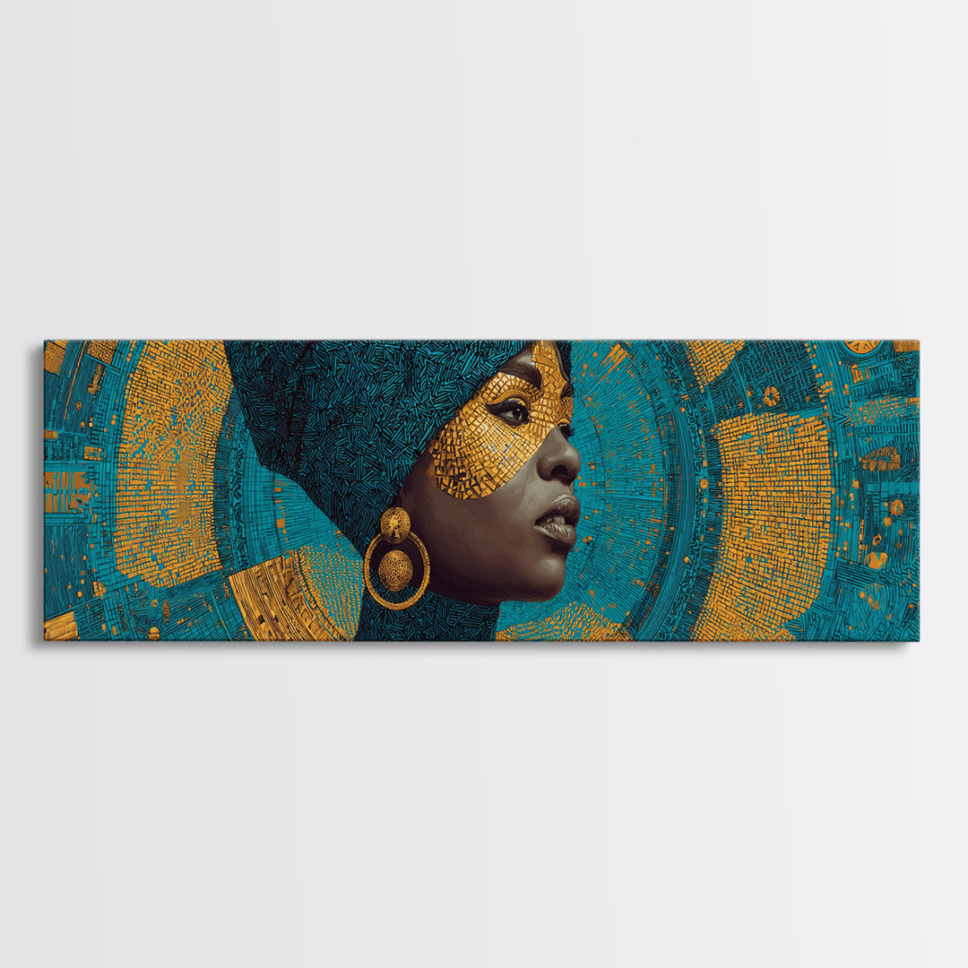 Elegant Black Queen Profile Framed Canvas Print, African Woman Art, Teal Gold Afrocentric Wall Decor, Melanin Portrait Gift