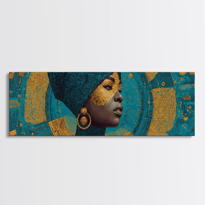 Elegant Black Queen Profile Framed Canvas Print, African Woman Art, Teal Gold Afrocentric Wall Decor, Melanin Portrait Gift