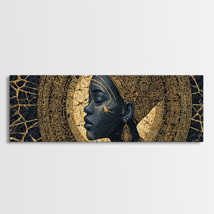 Golden Profile Black Woman Portrait, Abstract African Art Framed Canvas Print, Afrocentric Wall Art, Elegant Home Decor
