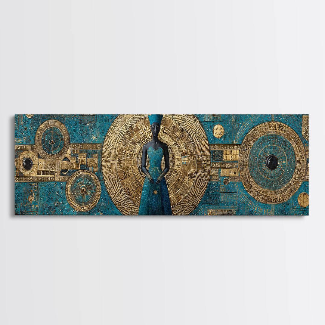Blue And Gold African Goddess Figure, Geometric African Wall Art, Luxury Canvas Print, Afrocentric Living Room Decor Gift