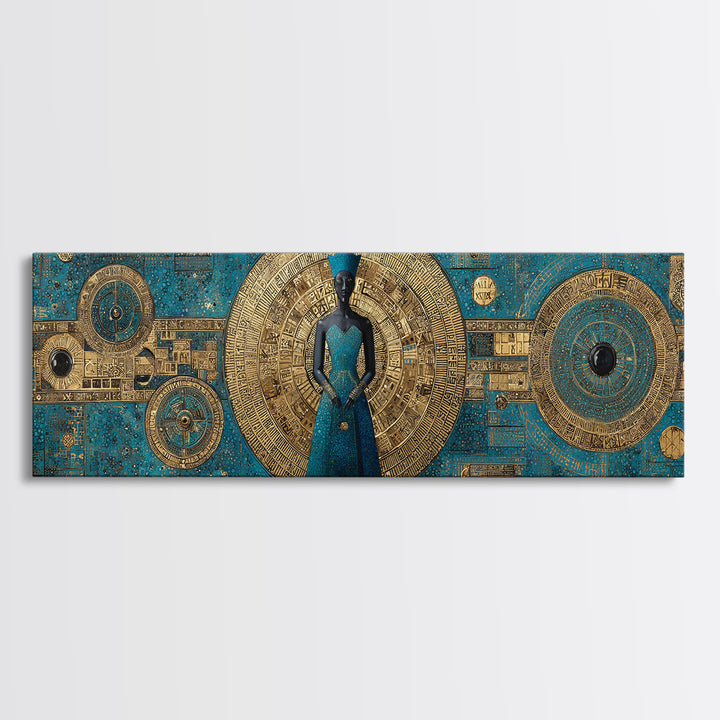 Blue And Gold African Goddess Figure, Geometric African Wall Art, Luxury Canvas Print, Afrocentric Living Room Decor Gift