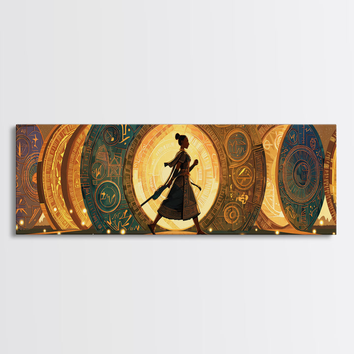 Walking African Woman Silhouette, Golden Portal Wall Art, Modern African Art Canvas Print, Boho Afrocentric Home Decor Gift