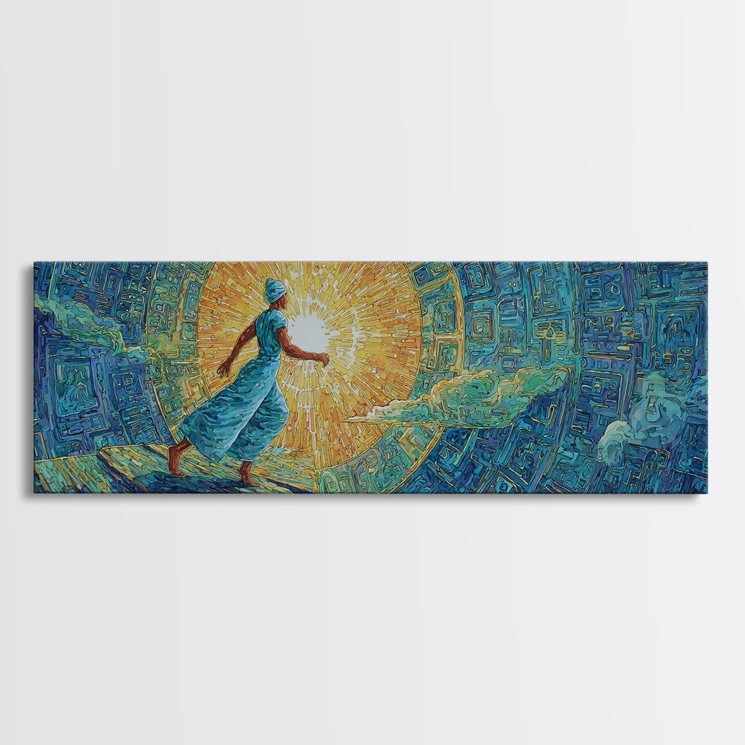 Blue Robed African Woman In Sunlight, Abstract Wall Art, Dreamy Canvas Print, Textured African Art Living Room Decor Gift