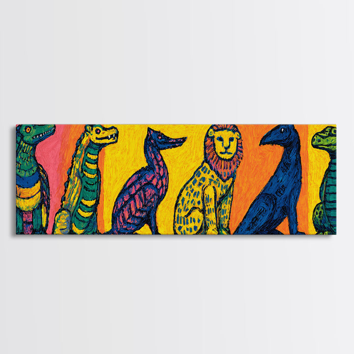 Vibrant Whimsical Safari Animal Lineup, Bright Colorful African Wall Art, Jungle Canvas Print, Playful Kids Room Decor Gift