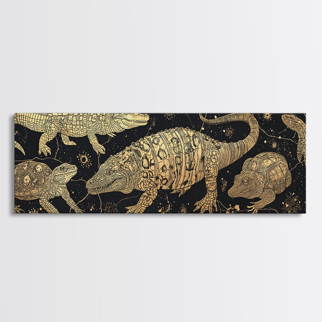 Golden Crocodile Constellation Wall Art, African Safari Reptile Print, Tribal Animal Decor, Black Gold Canvas For Living Room
