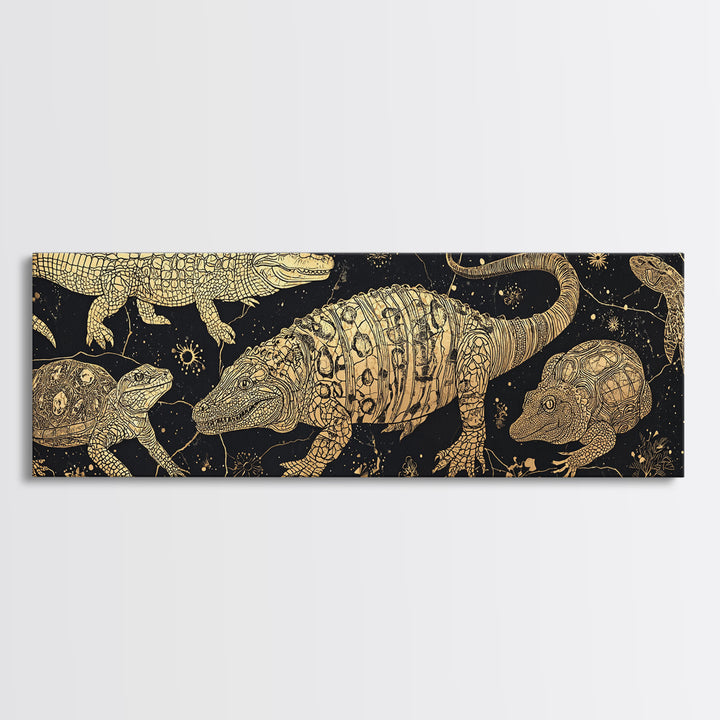 Golden Crocodile Constellation Wall Art, African Safari Reptile Print, Tribal Animal Decor, Black Gold Canvas For Living Room