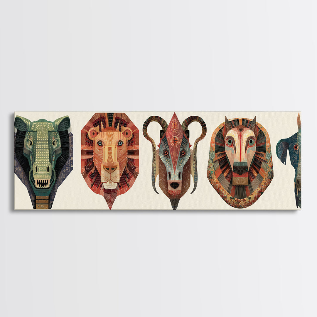 African Animal Mask Collection Framed Canvas Print, Elephant Lion Ram Baboon Tribal Wall Art, Safari Decor For Bold Home