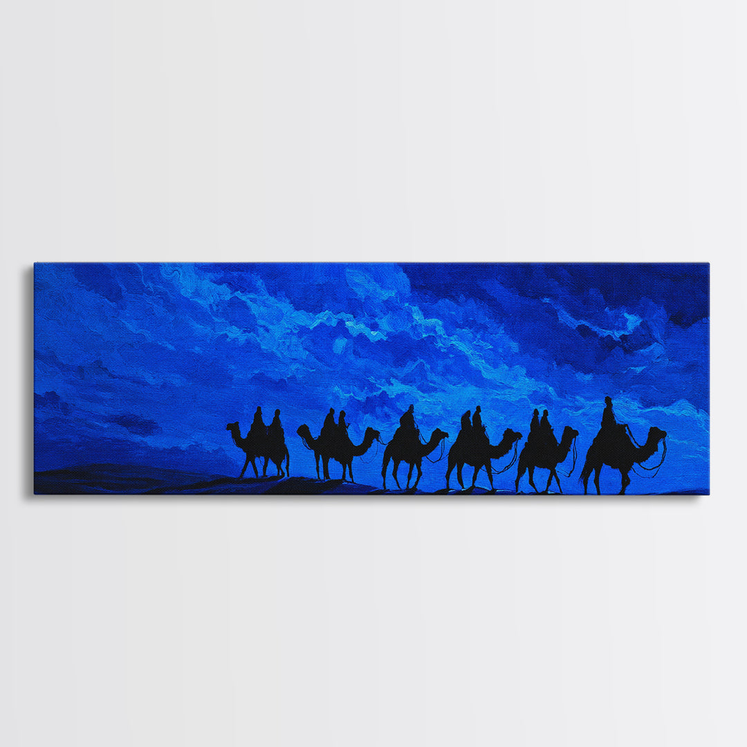 Blue Desert Camel Caravan Wall Art, Moonlit Nomad Silhouette Print, African Safari Decor, Mystical Travel Canvas For Bedroom
