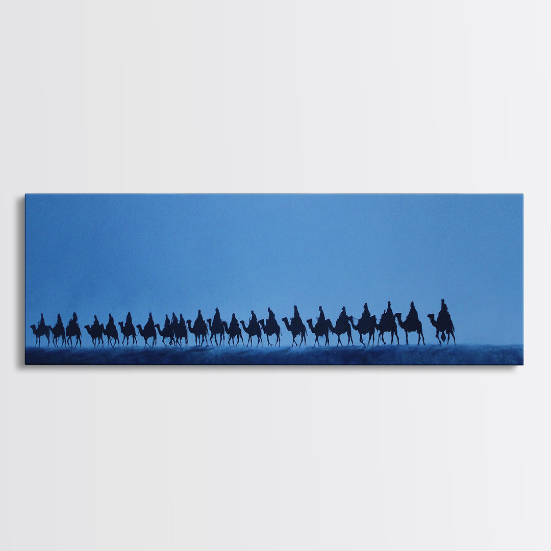 Distant Camel Caravan Canvas Print, Blue Desert Horizon Wall Art, African Travel Poster, Minimalist Safari Decor For Living Room