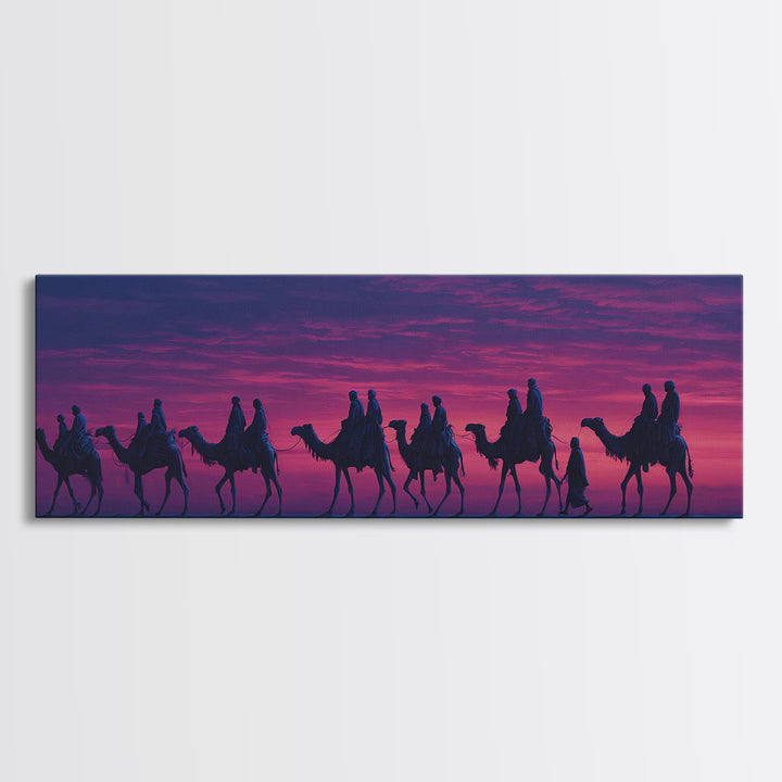 Purple Sunset Camel Caravan Wall Art, Desert Nomad Silhouette Painting, African Safari Decor, Travel Canvas Print For Bedroom