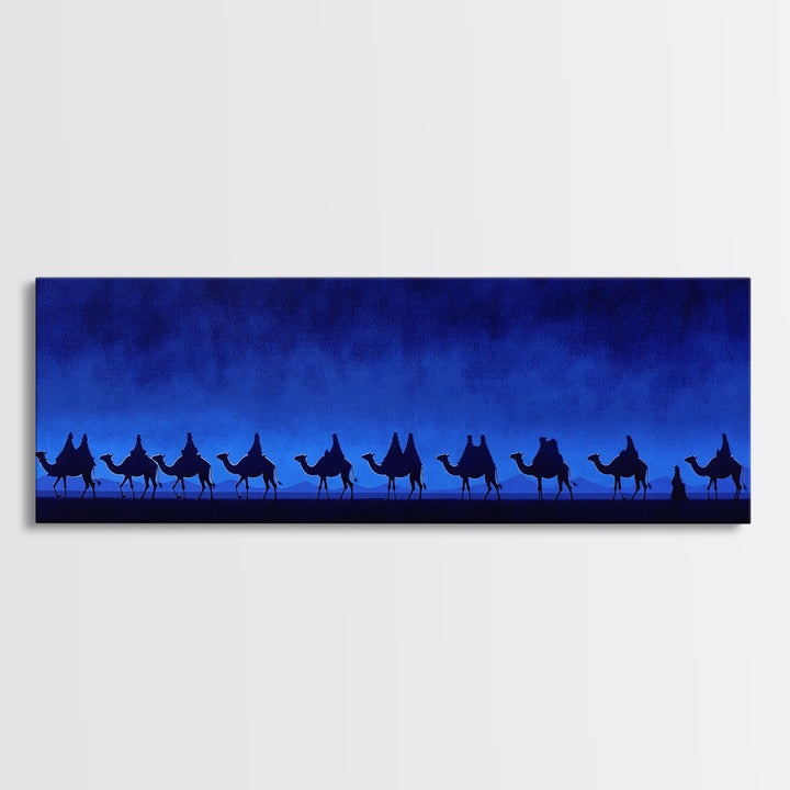 Deep Blue Camel Caravan Canvas Print, Desert Silhouette Wall Art, African Safari Poster, Minimalist Travel Decor For Home