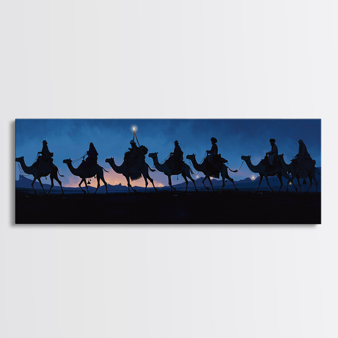 Night Camel Caravan Framed Canvas Print, Blue Desert Silhouette Wall Art, African Safari Travel Decor, Nomad Scene For Home