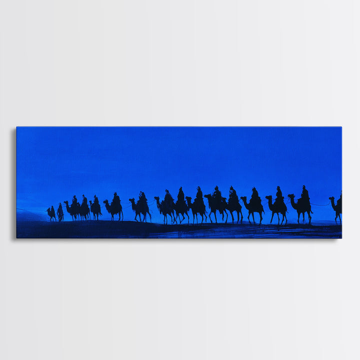 Blue Desert Camel Caravan Silhouette Wall Art, African Safari Art Print, Tuareg Travel Decor, Sahara Landscape Canvas Print