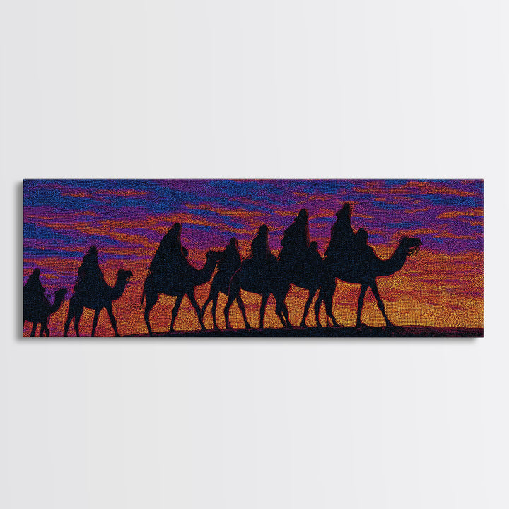Vibrant Sunset Camel Caravan Silhouette Canvas Print, African Safari Wall Decor, Boho Desert Landscape, Colorful Art Gift