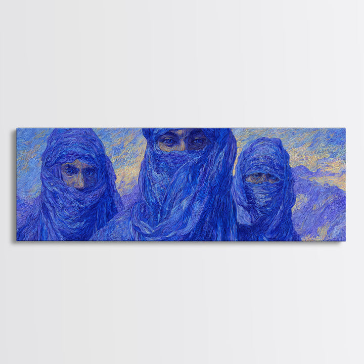 Three Blue Veiled Tuareg Portraits Canvas Print, African Painting Wall Art, Sahara Desert Decor, Modern Cultural Artwork