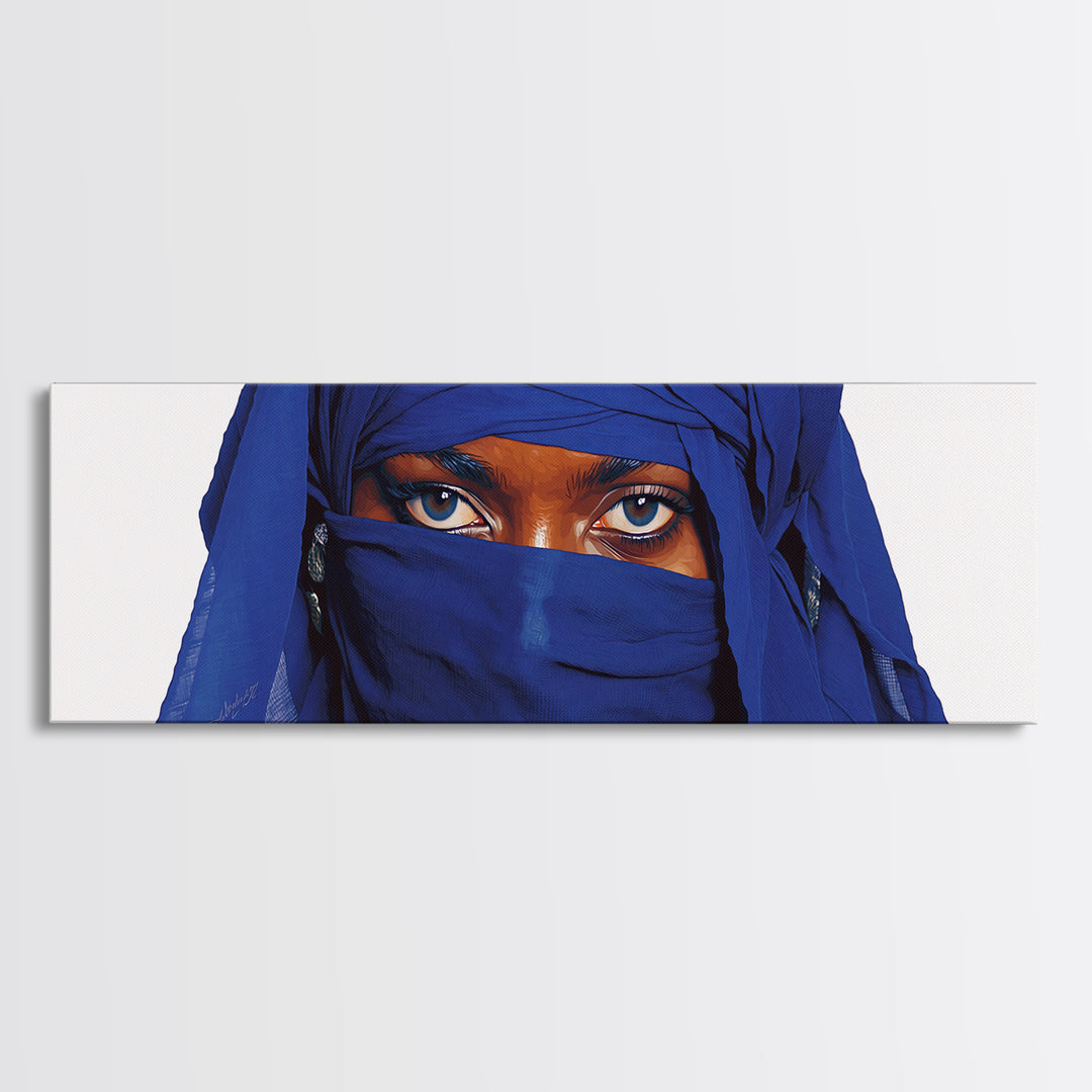 Blue Veiled Woman Eyes Portrait Wall Art, African Woman Art Print, Elegant Black Beauty Decor, Tuareg Canvas Print Gift For Her