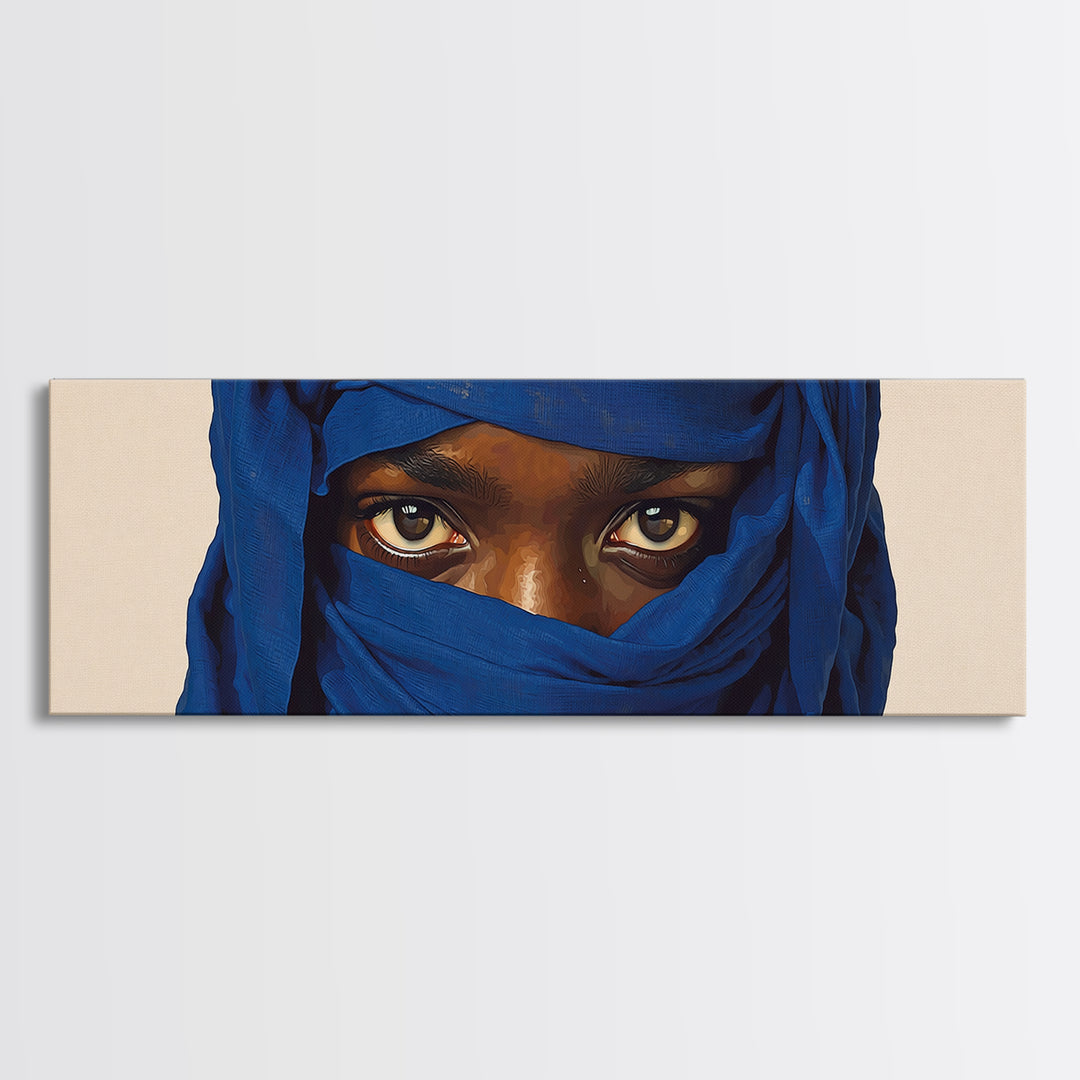 Intense Blue Veiled Eyes Portrait Canvas Print, African Woman Wall Art, Black Female Art, Minimalist Sahara Home Decor Gift