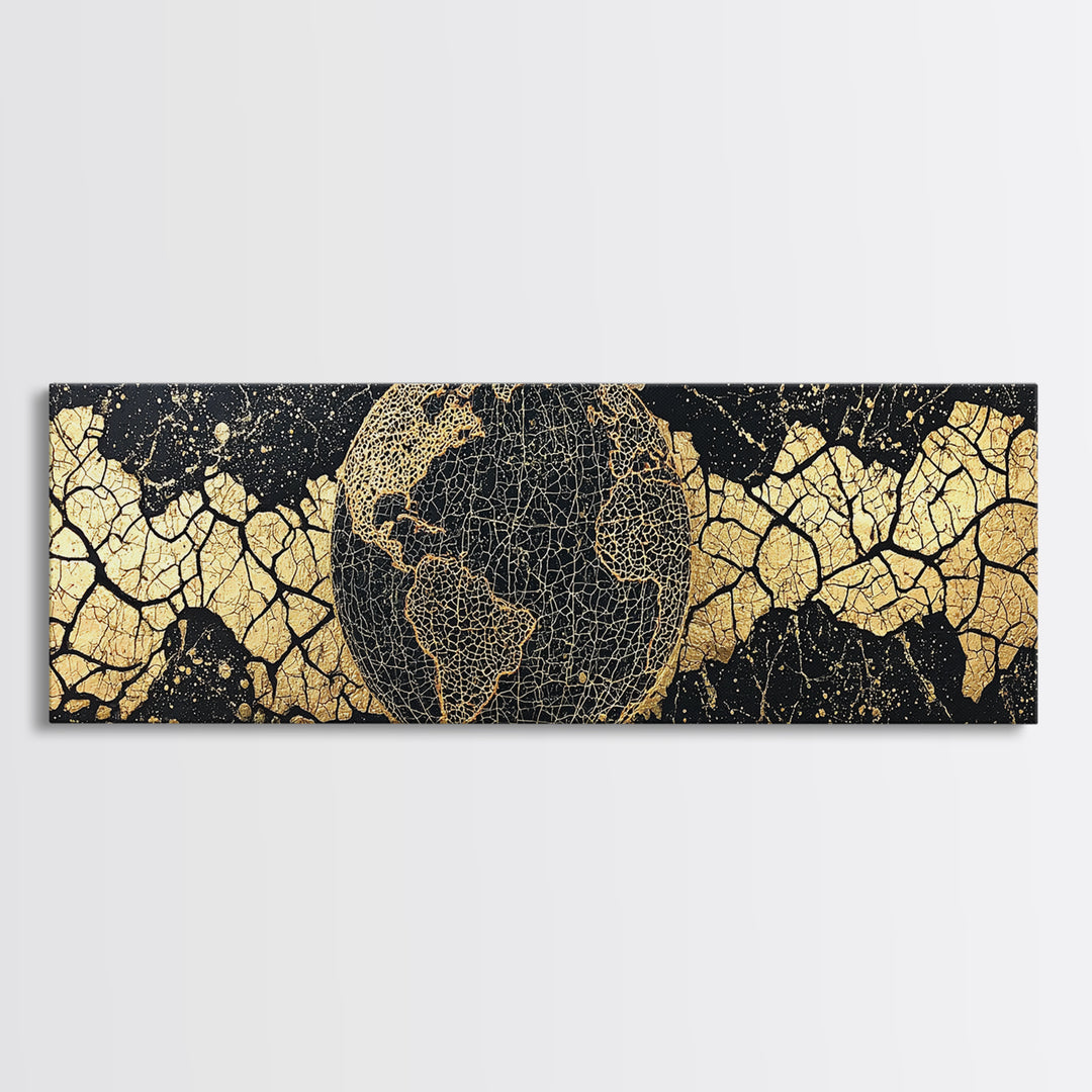 Golden World Map Globe Wall Art, African Travel Canvas Print, Black Gold Decor, Global Culture Office Art, Statement Gift