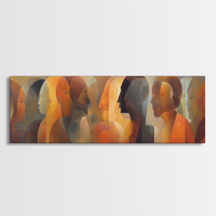 Layered African Dialogue Wall Art, Modern Afrocentric Abstract Faces, Black Culture Decor, Earth Tone Panoramic Print For Living Room
