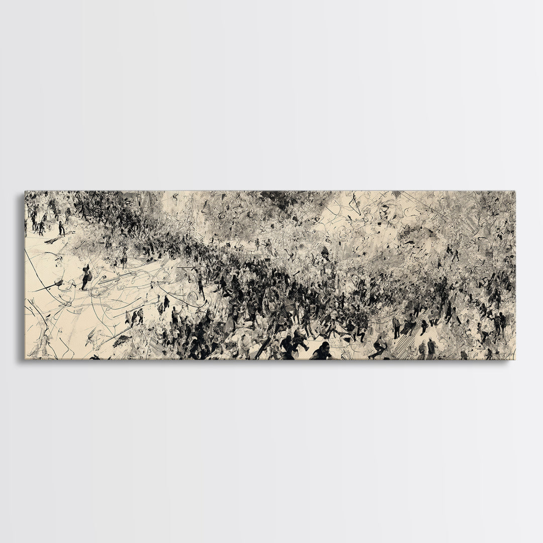 Monochrome African Migration Wall Art, Abstract Crowd Landscape, Black And White Culture Decor, Panoramic Art Print Home Gift