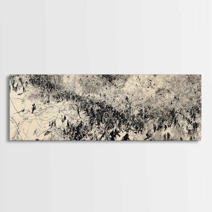 Monochrome African Migration Wall Art, Abstract Crowd Landscape, Black And White Culture Decor, Panoramic Art Print Home Gift