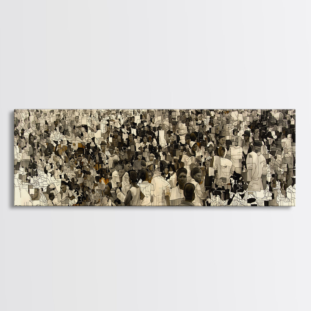 Sepia African Community Wall Art, Crowded Market Portrait, Black People Culture Decor, Panoramic Canvas Print Gift For Home