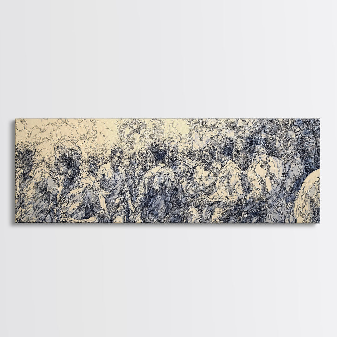 Blue Ink African Community Canvas Print, Expressive Line Drawing, Cultural Wall Decor, Black People Panoramic Art Home Decor Gift