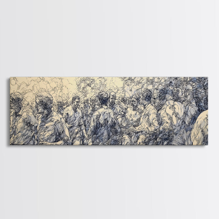 Blue Ink African Community Canvas Print, Expressive Line Drawing, Cultural Wall Decor, Black People Panoramic Art Home Decor Gift