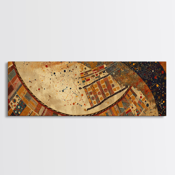 Celestial Ankara Crescent With Orange Patterns Canvas Print, African Fabric Art, Afrocentric Wall Decor, Boho Cultural Art