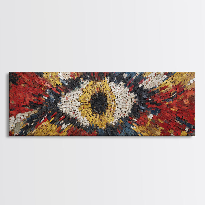 Exploding Eye Mosaic In Red Gold And Navy Framed Canvas Print, Abstract African Art, Bold Statement Wall Decor For Living Room