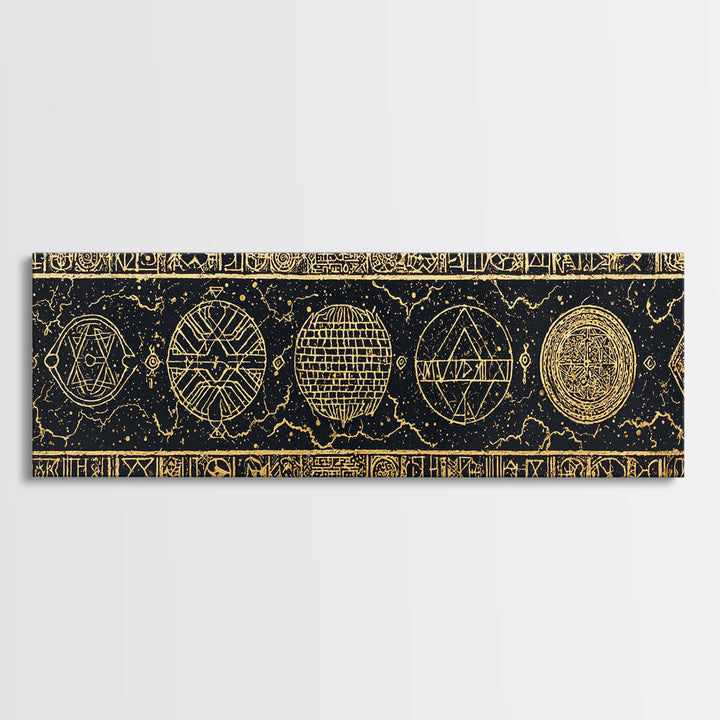 Gold Sacred Geometry Symbols On Black Canvas Print, African Patterns, Tribal Wall Art, Mystical Meditation Home Decor Gift