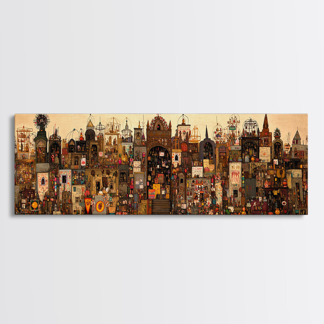 Intricate Fantasy City Shrine With Towers Canvas Print, African Inspired Wall Art, Maximalist Cultural Home Decor Unique Gift