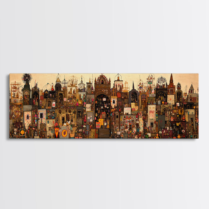 Intricate Fantasy City Shrine With Towers Canvas Print, African Inspired Wall Art, Maximalist Cultural Home Decor Unique Gift