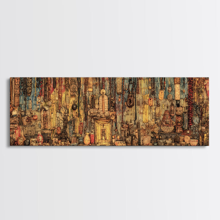 Rustic African Shrine With Masks And Ritual Objects Wall Art, African Tribal Art, Afrocentric Decor, Cultural Home Decor