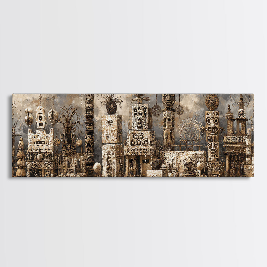 Monochrome African Totem Sculptures And Carved Masks Framed Canvas Print, Tribal Wall Decor, African Artwork, Cultural Art